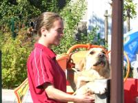 Photo: Un futur chien guide donne le bouton  son ducatrice Ccille