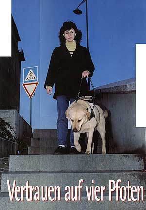 Bildbeschreibung: Josiane mit ihrem Fhrhund Laos gehen eine Treppe herab
