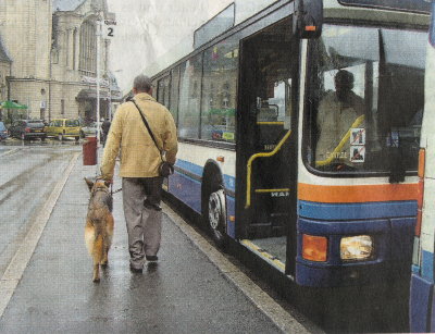 Foto: Roland Welter mit Fhrhndin Clochette bei einem Bus.